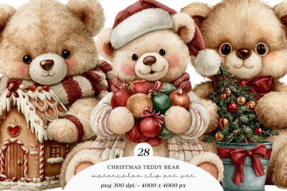 Download Watercolor Christmas Teddy Bear Clipart - Watercolor Collection