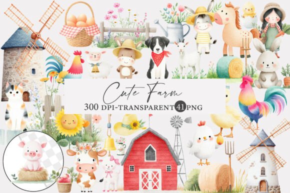 Download Watercolor Cute Farm Clipart - Watercolor Collection