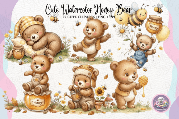 Download Cute Watercolor Honey Bear Clipart - Watercolor Collection