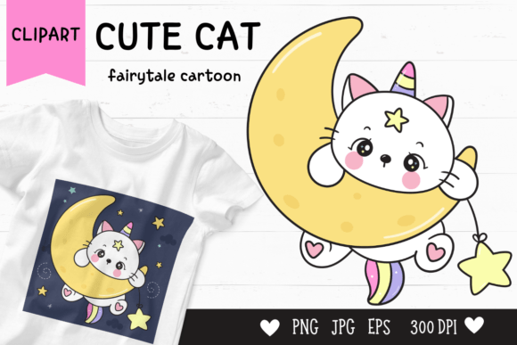 Download Cute Cat Cartoon on Moon Kawaii Clipart - Kawaii clipart Collection