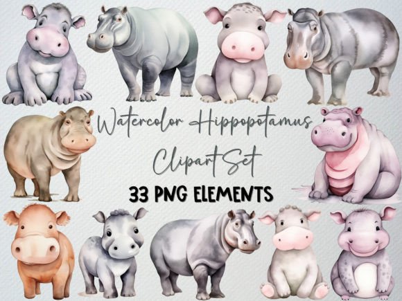Download Watercolor Hippo Clipart Set, Baby Hippo - Watercolor Collection