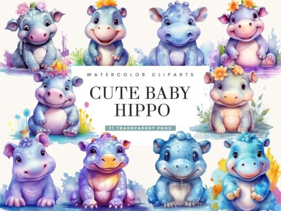 Download Watercolor Cute Baby Hippo Clipart Png - Watercolor Collection